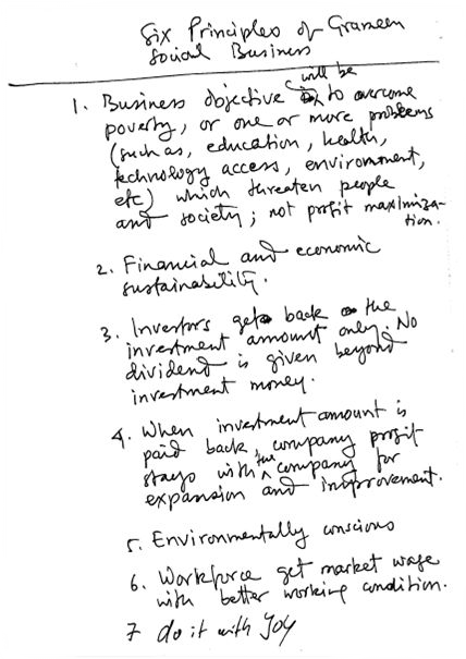 Seven principles of Social Busines handwritten by Muhammad Yunus